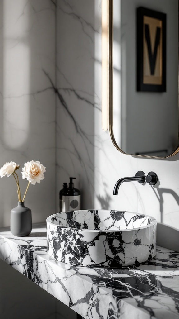 A round black and white marble sink on a marble countertop with a fluffy flower vase beside it.