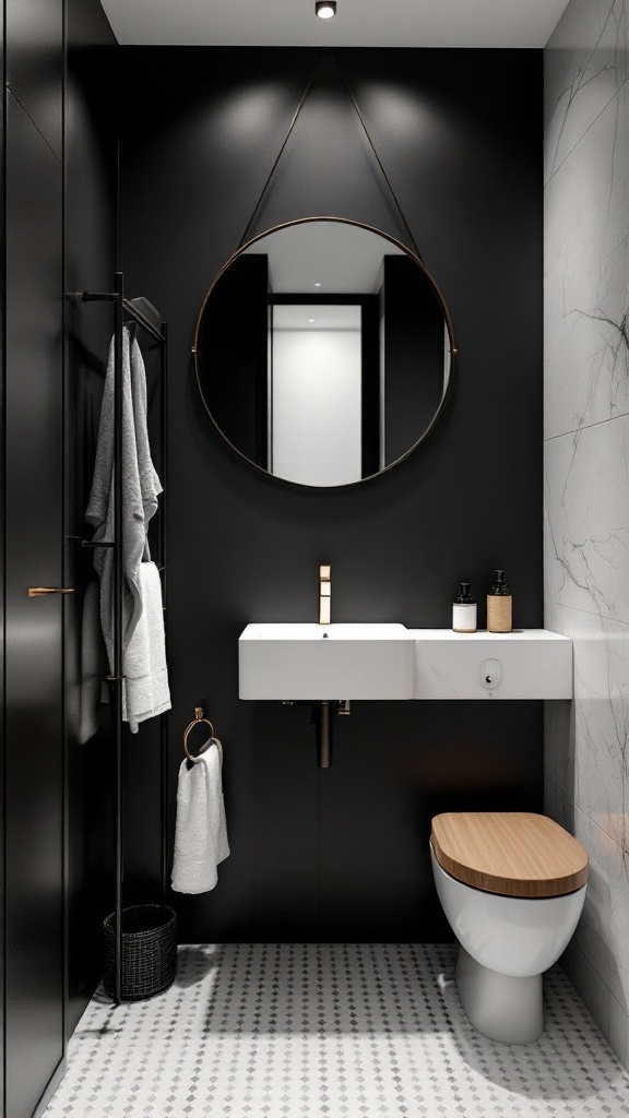 A modern bathroom with a black accent wall, round mirror, and minimalist fixtures.