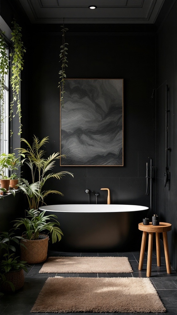 A stylish bathroom featuring a black ceiling, a white bathtub, potted plants, and natural decor.