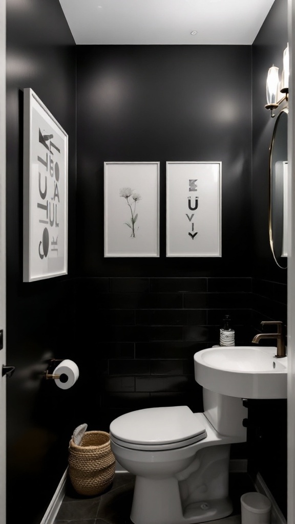 Small black and white bathroom featuring bold black walls and stylish decor.