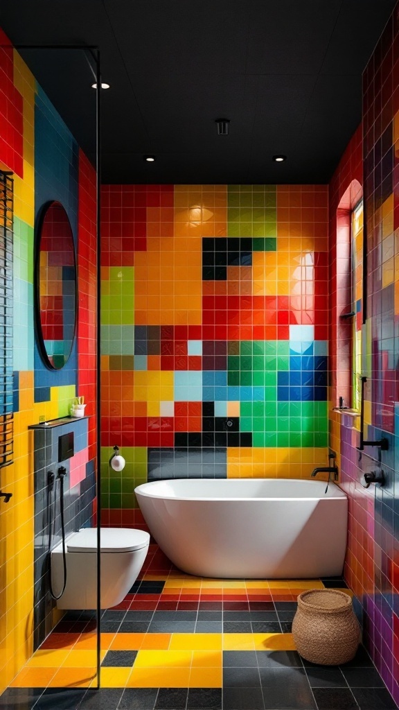 A colorful bathroom with a black ceiling, featuring vibrant tiles in red, yellow, blue, and green.