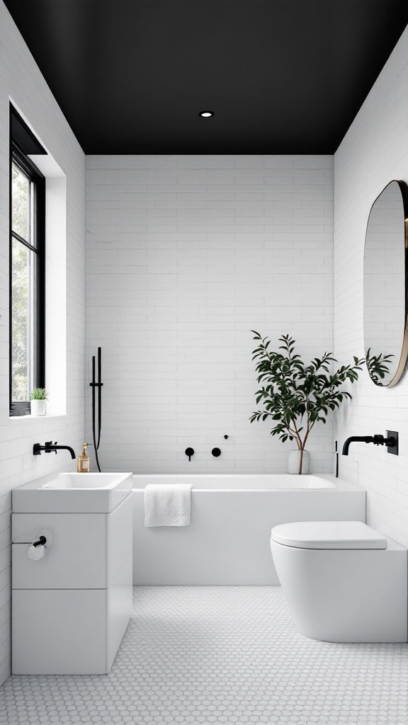 A modern bathroom featuring a black ceiling, white walls, and contrasting fixtures.