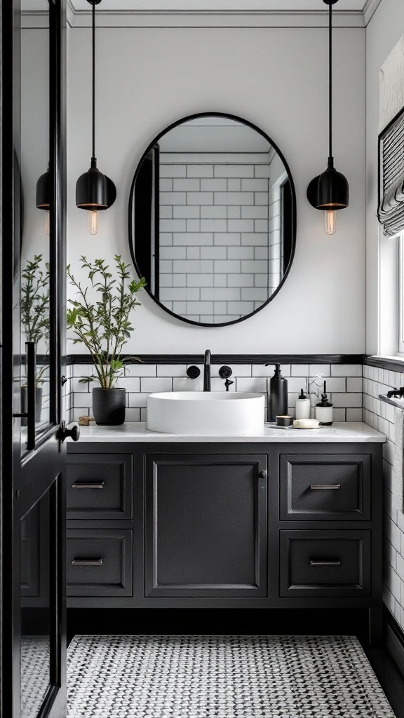 A small black and white bathroom featuring a black vanity with a white countertop, round mirror, and pendant lights.