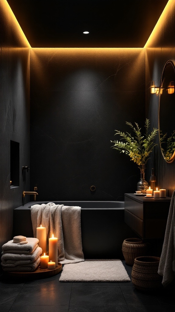 Cozy bathroom with black ceiling, warm lighting, and candles