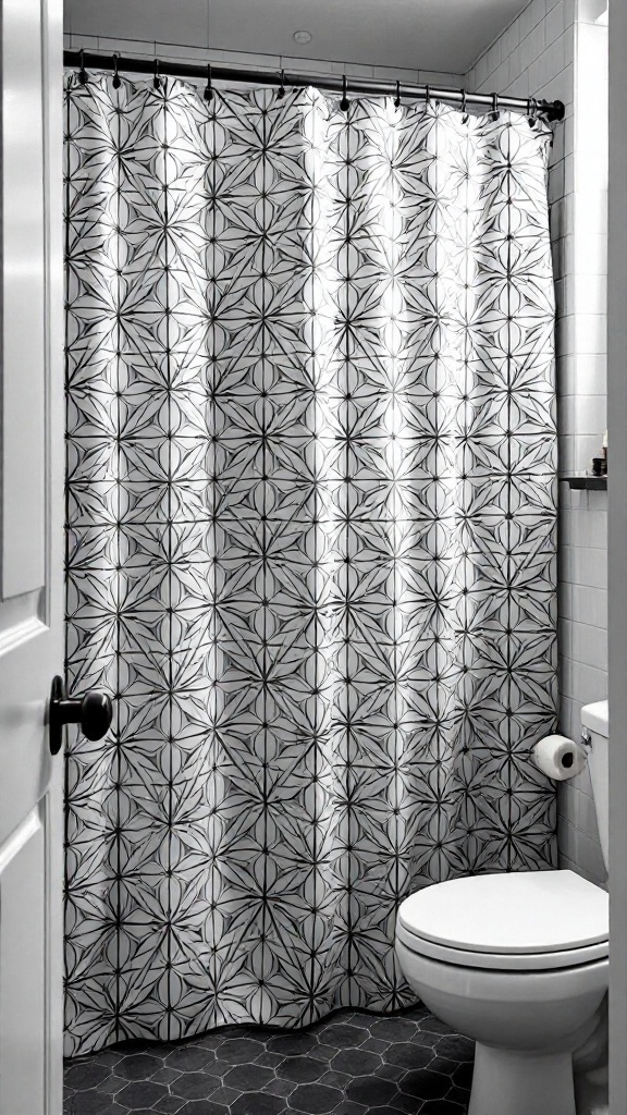 A black and white geometric shower curtain in a small bathroom setting