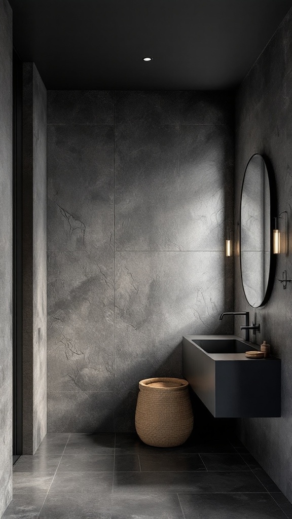 A modern bathroom featuring a black ceiling, textured gray walls, a sleek black sink, and a woven basket.