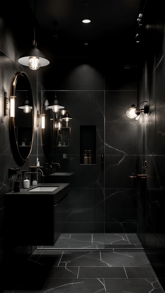 A stylish modern bathroom with a black ceiling and elegant lighting fixtures.