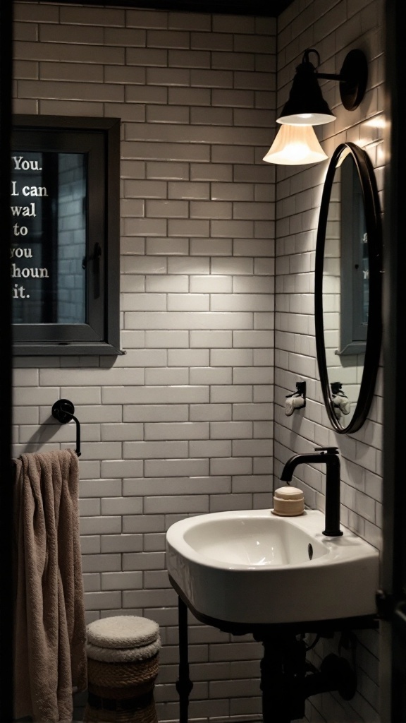 A small black and white bathroom featuring a wall-mounted sconce, round mirror, and a window.