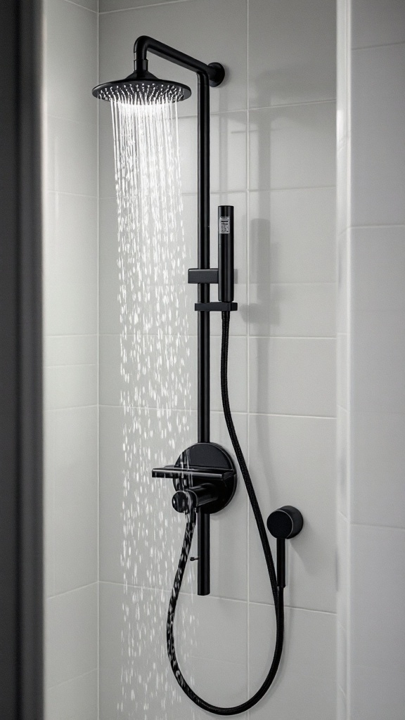 A modern black shower fixture in a minimalist bathroom setting