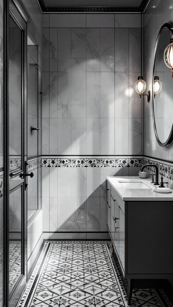 A small black and white bathroom featuring monochrome tile patterns on the floor and sleek wall tiles.