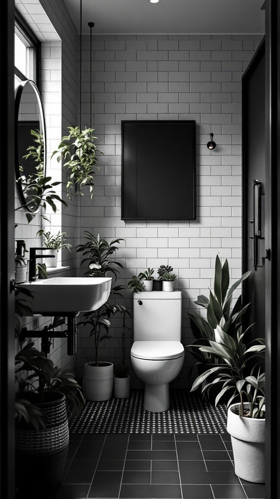 A small black and white bathroom featuring plants for a fresh touch.