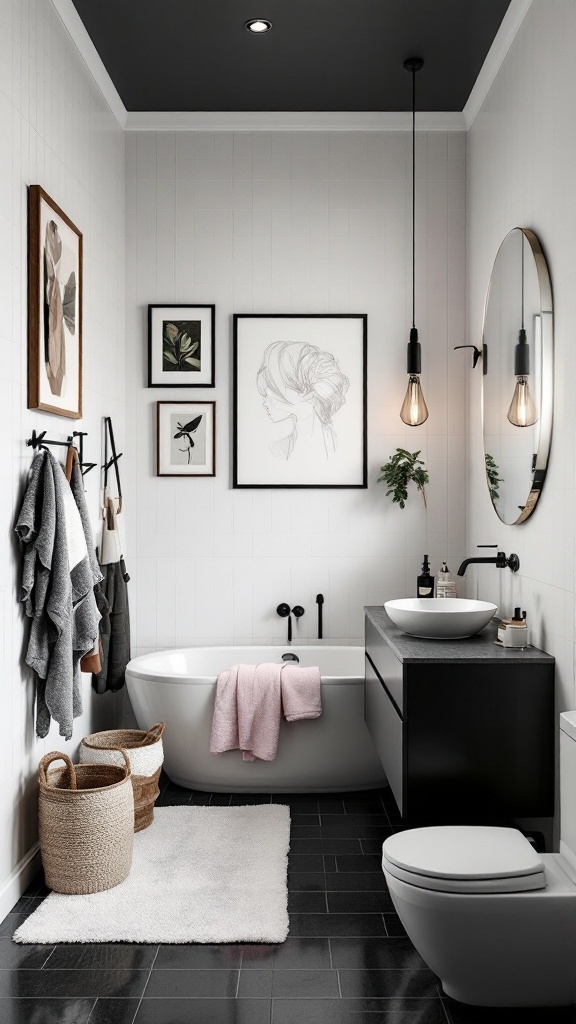A stylish bathroom featuring a black ceiling, modern decor, and framed artwork.