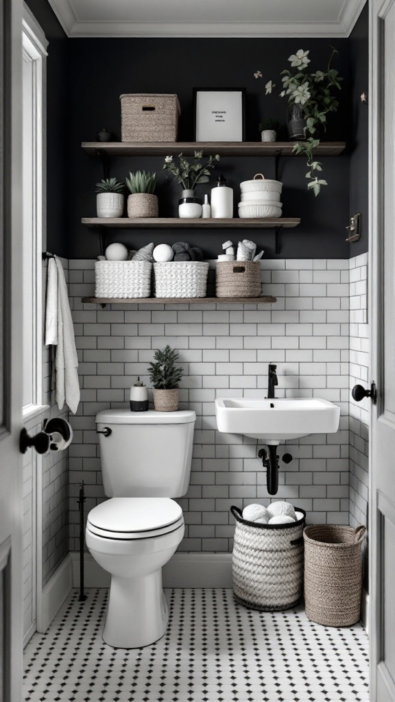 A small black and white bathroom featuring stylish storage solutions with shelves, baskets, and plants.