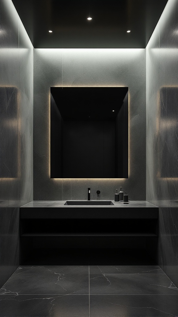 Modern bathroom with a black ceiling and sleek design.