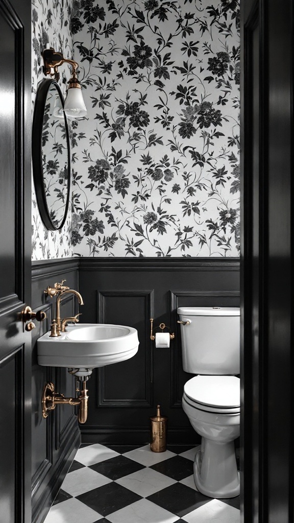 A small black and white bathroom featuring vintage floral wallpaper, black paneling, brass fixtures, and a round mirror.