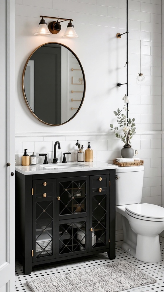 A stylish black and gold themed bathroom featuring a black vanity with gold accents, a round mirror, and a modern lighting fixture.