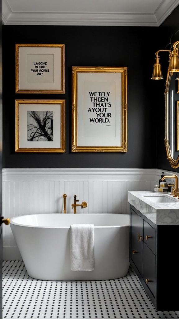 Bathroom with bold black walls and gold framed art