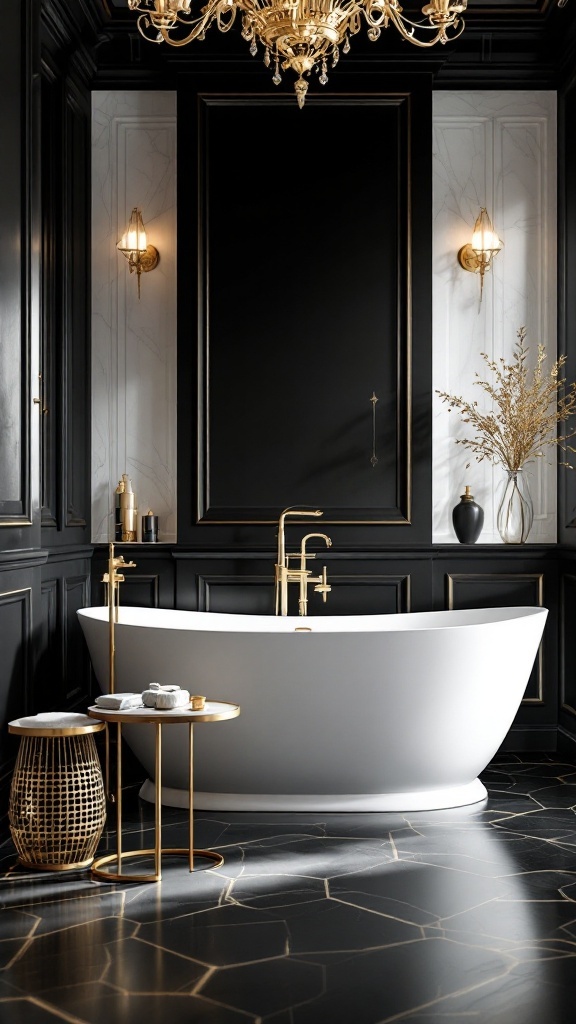 A chic white bathtub in a black and gold bathroom setting.