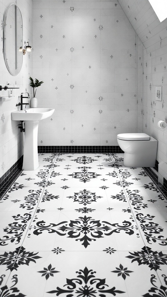 A bathroom featuring elegant black and white floor tiles with intricate patterns