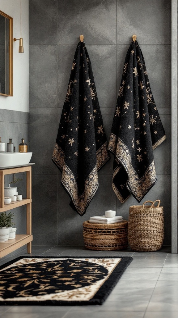 A modern bathroom featuring black towels with gold patterns and a black and gold rug.