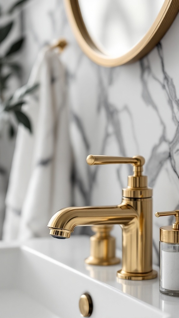 A close-up of a gold faucet and mirror in a stylish black, white, and gold bathroom.