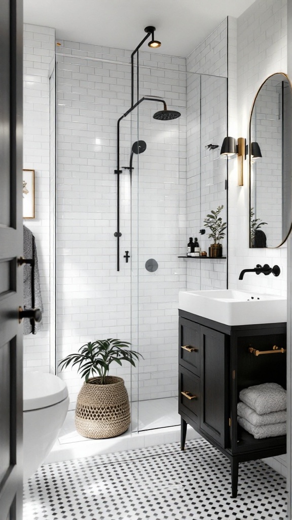 A minimalist black and white bathroom featuring gold accents and a potted plant.