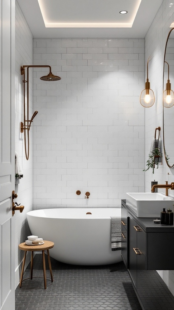 A modern bathroom featuring black, white, and gold design elements, including gold fixtures and elegant lighting.