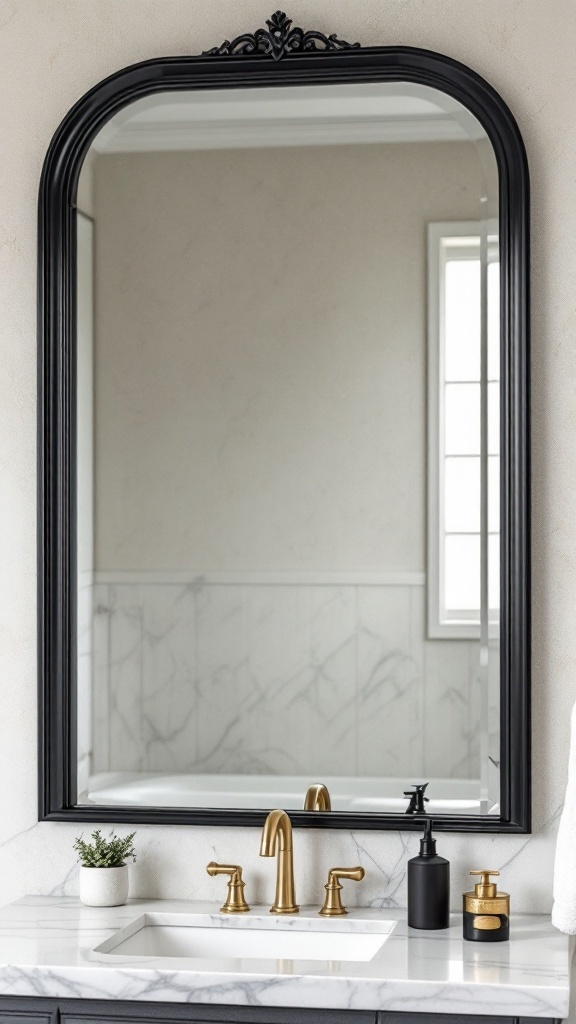 A stylish black and gold framed mirror above a modern sink in a bathroom