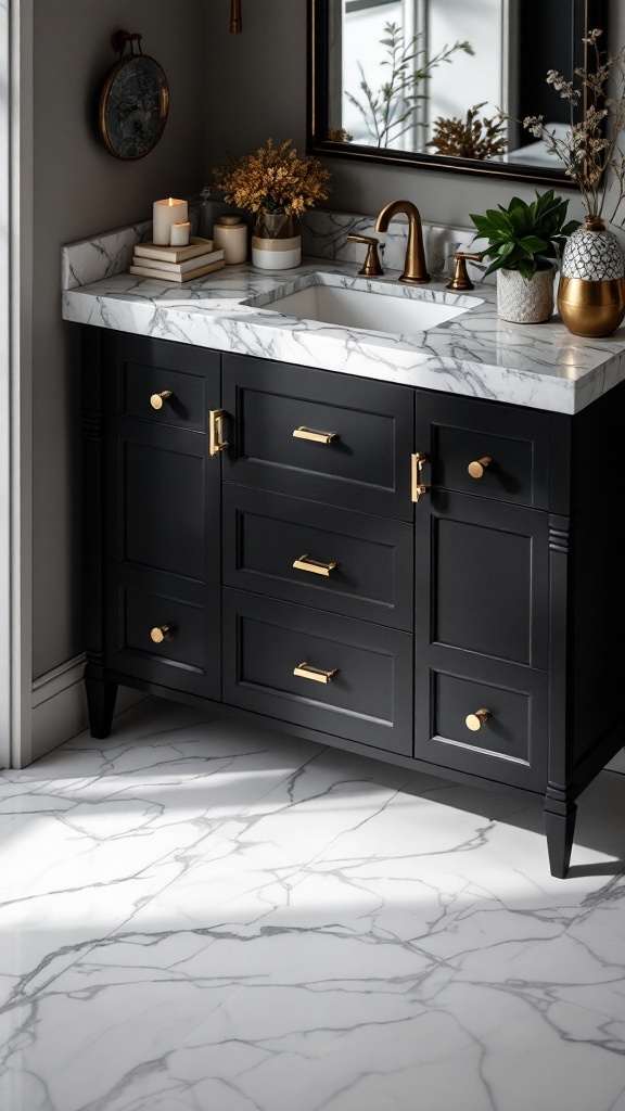 Black vanity with gold hardware in a bathroom