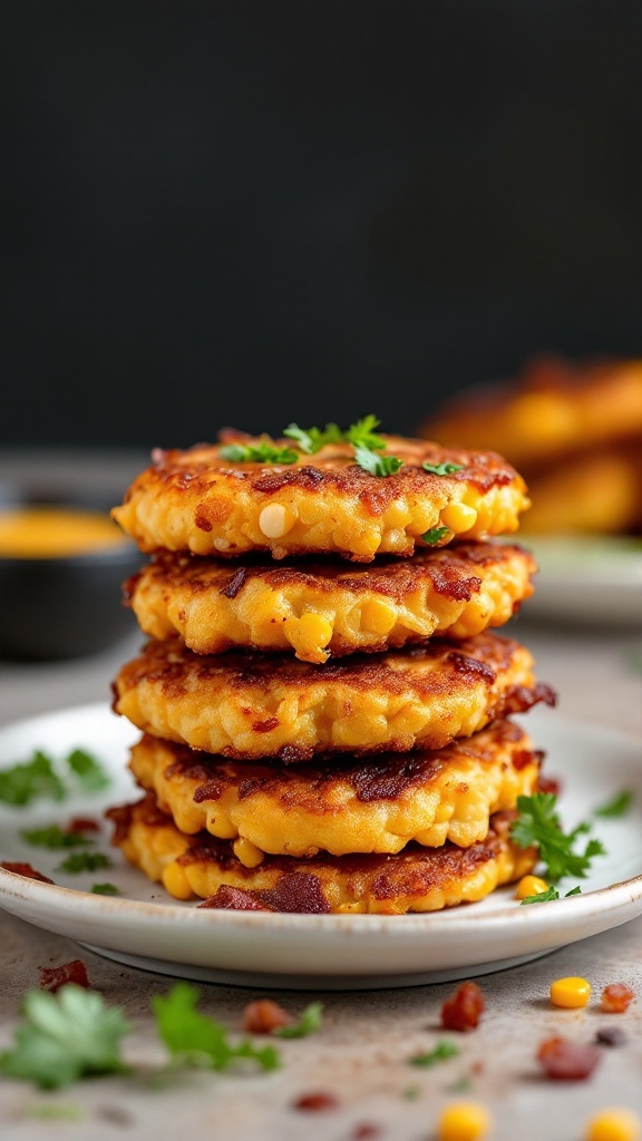 Plate of crispy bacon-corn fritters stacked high with a sprinkle of parsley