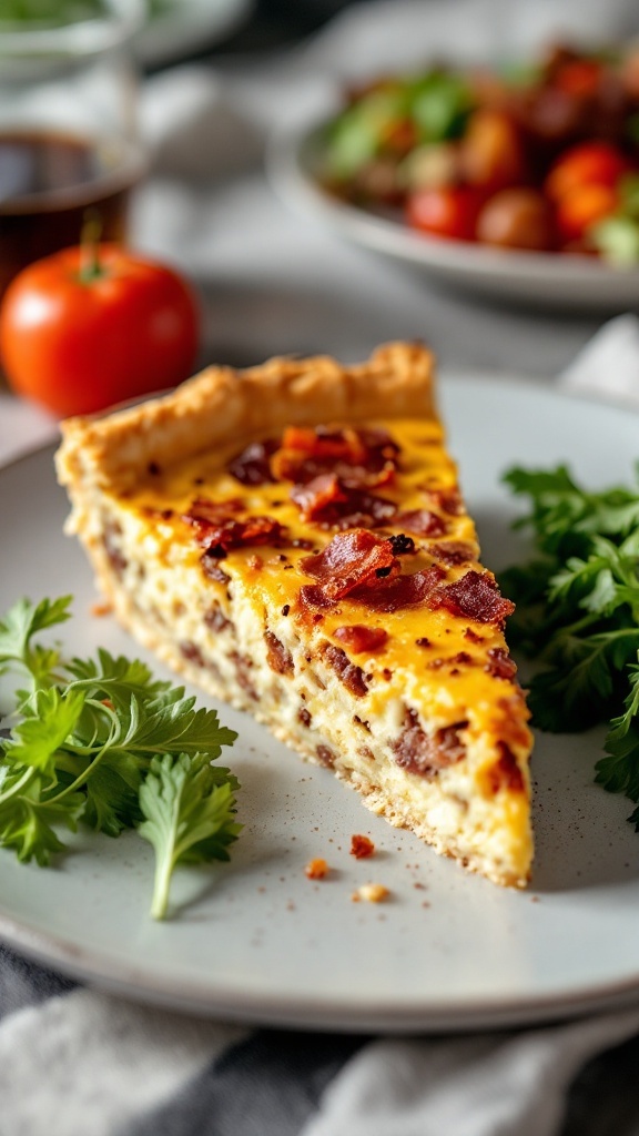 A slice of bacon-infused quiche served with fresh herbs on the side.