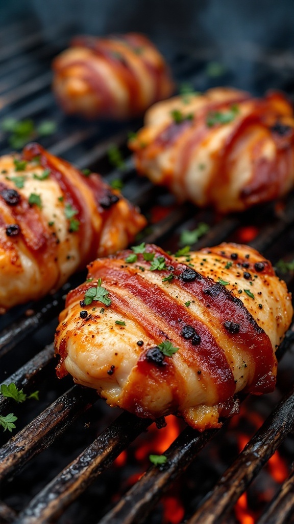 Bacon-wrapped chicken breasts on a grill