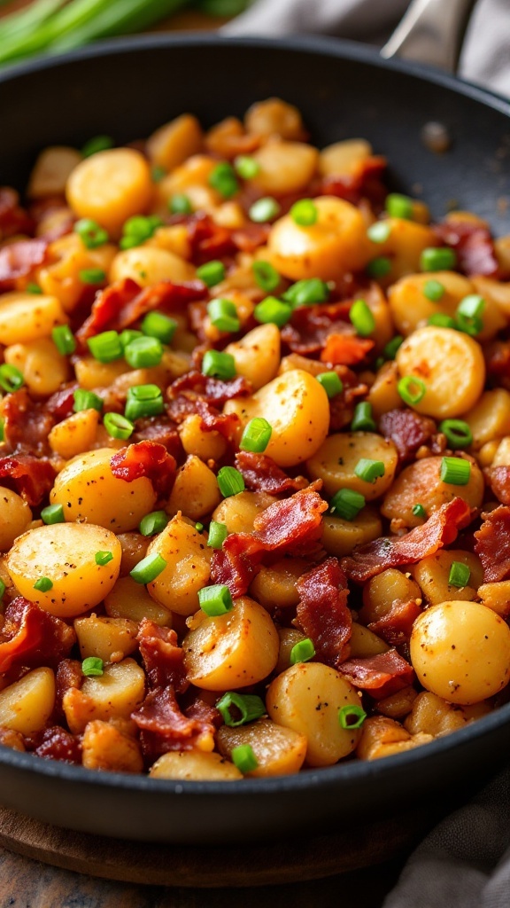 A delicious plate of bacon and potato hash topped with green onions.