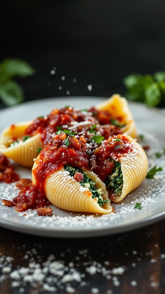 Bacon and Spinach Stuffed Shells with marinara sauce