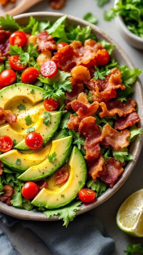 A delicious bacon avocado salad featuring crispy bacon, sliced avocados, cherry tomatoes, and fresh greens.