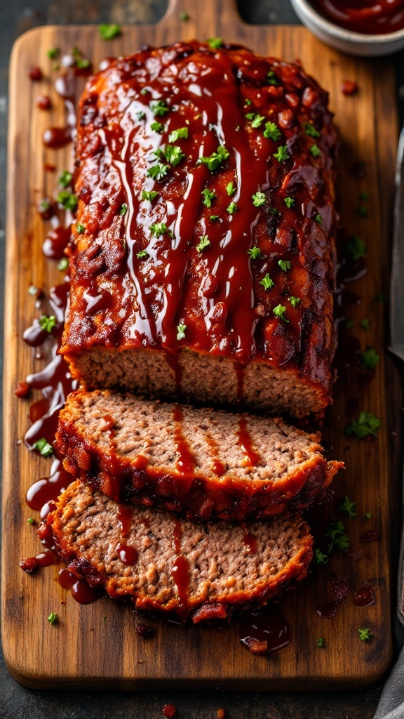 A delicious barbecue bacon meatloaf sliced and topped with barbecue sauce.