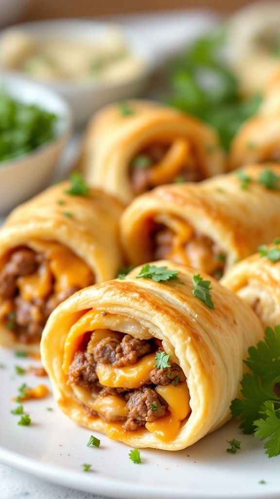 Beef and cheese crescent roll ups served on a plate.