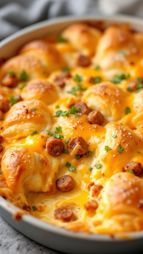 A delicious breakfast casserole made with crescent rolls, sausage, and cheese.