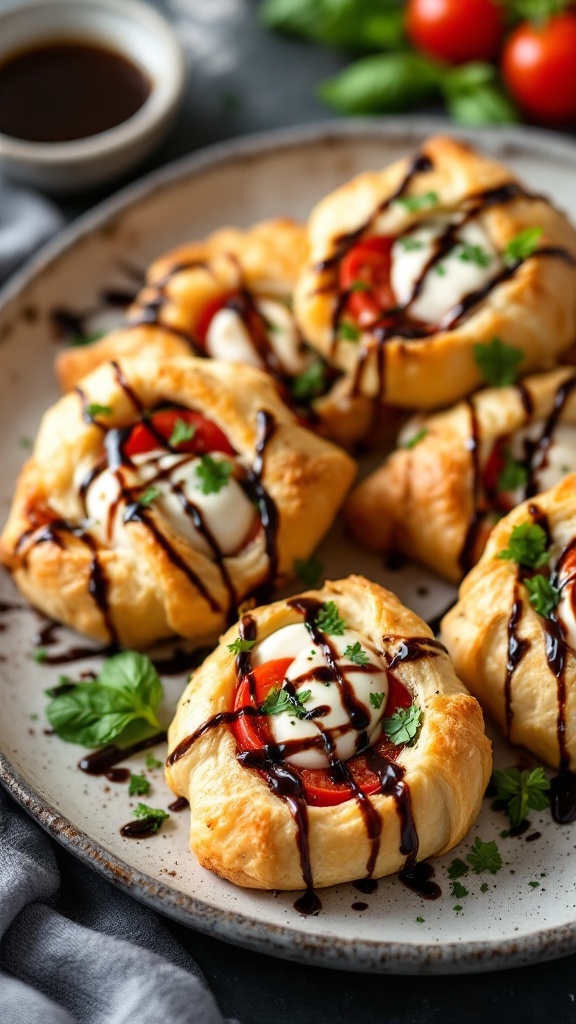 Delicious Caprese Crescent Roll Bites with mozzarella, tomatoes, and basil drizzled with balsamic glaze.