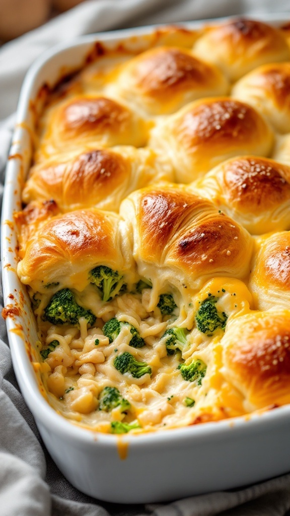 A delicious cheesy chicken and broccoli casserole topped with golden crescent rolls.