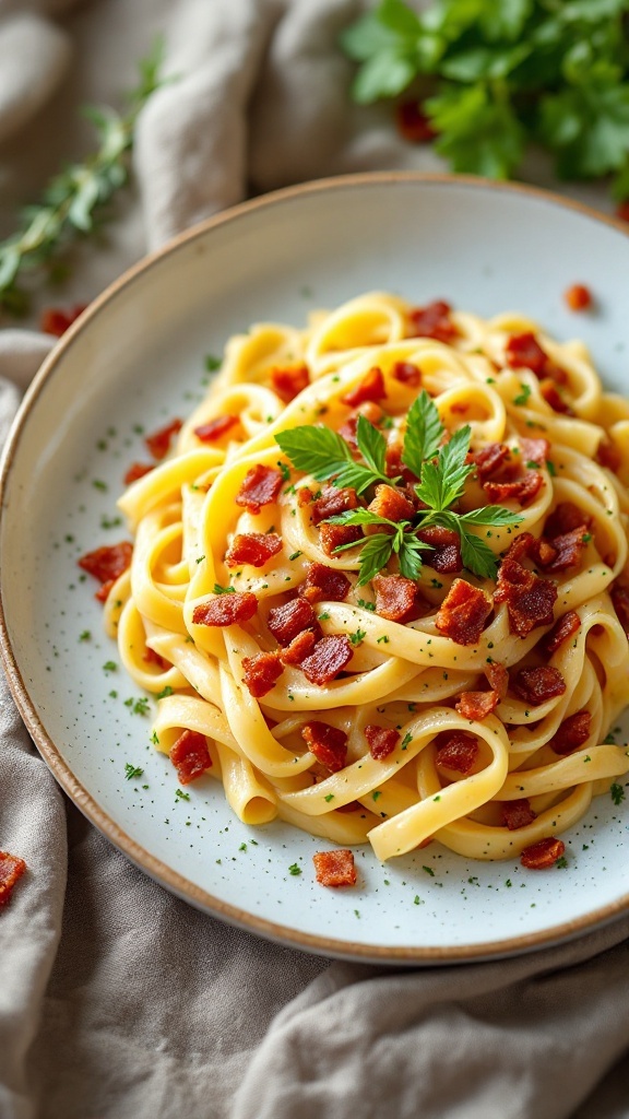 A plate of creamy bacon pasta garnished with parsley.