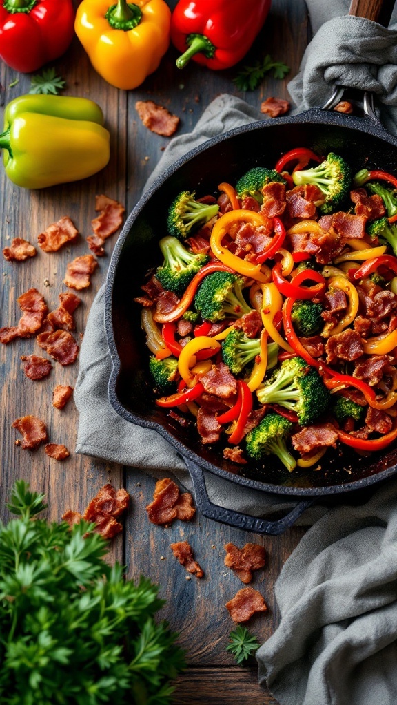 A delicious one-pan bacon and veggie stir-fry with colorful vegetables and crispy bacon bits.