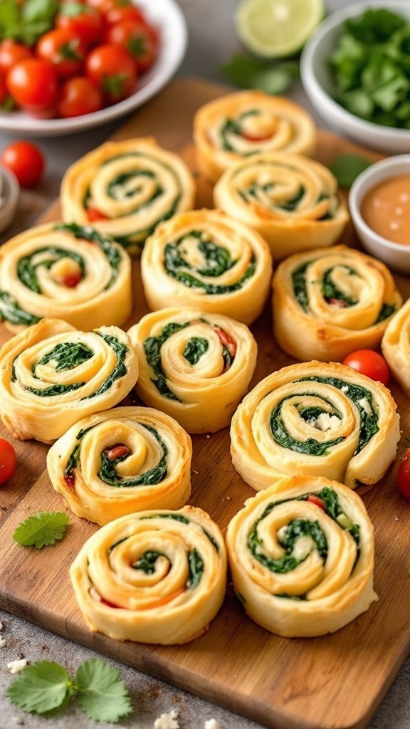 Spinach and Feta Crescent Roll Pinwheels on a wooden board