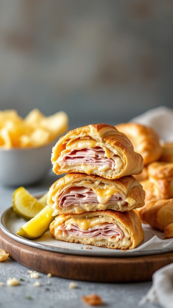 Turkey and Swiss Crescent Roll Sandwiches stacked on a plate with a lemon slice