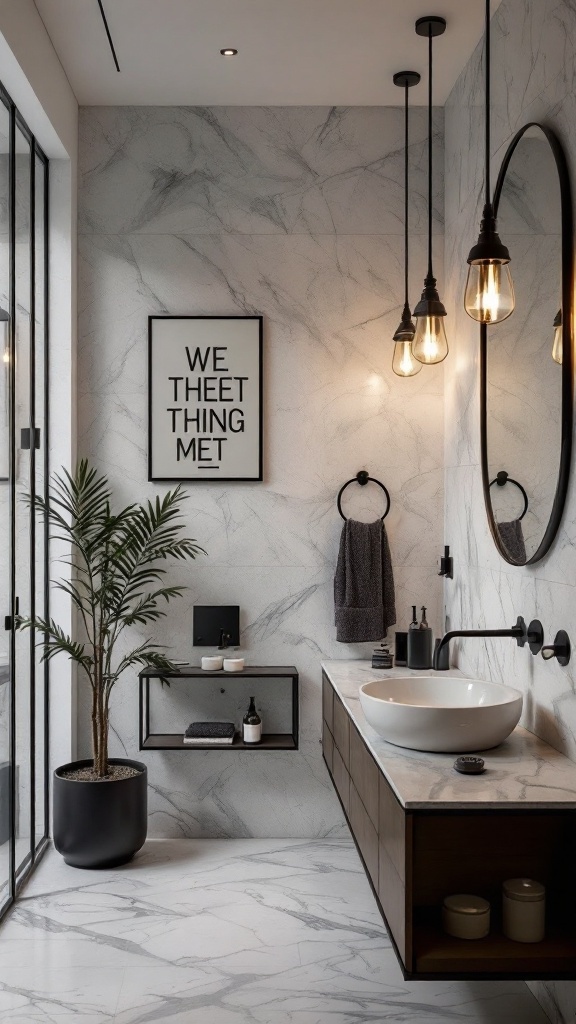 A modern bathroom featuring black light fixtures, marble walls, a round mirror, and a plant