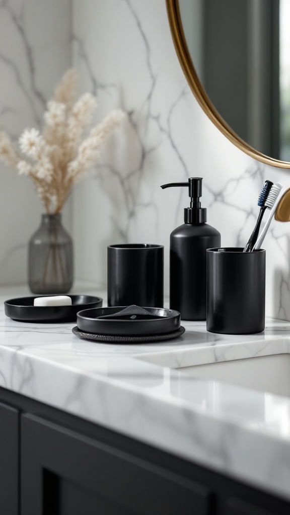 A modern bathroom countertop featuring black accessories like a soap dispenser, toothbrush holder, and containers on a marble surface.