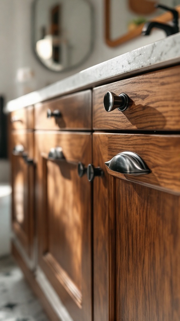 Close-up of a wooden vanity cabinet with black hardware accents