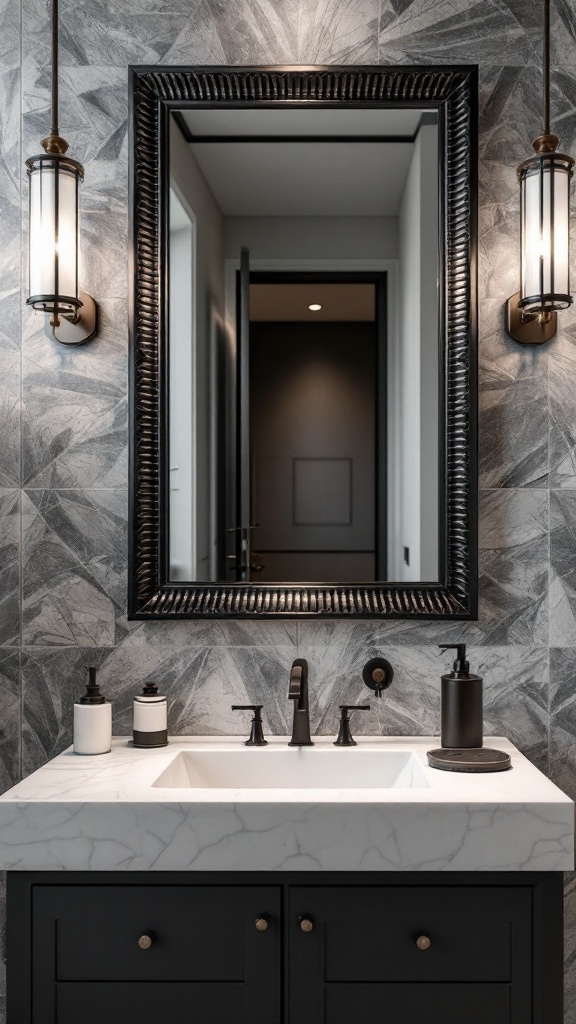 A stylish bathroom showcasing a black-framed mirror, modern light fixtures, and a marble sink.