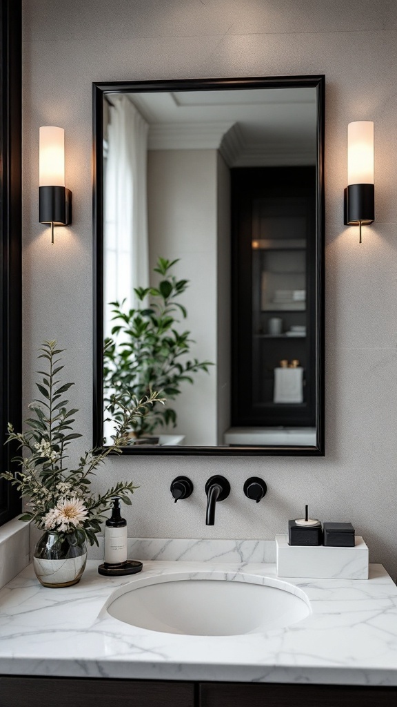 A black framed mirror above a marble sink with black fixtures in a modern bathroom