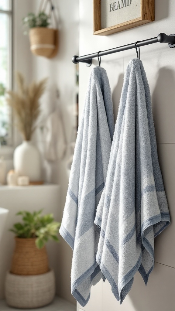 Black towel bar with light blue towels hanging in a modern bathroom setting